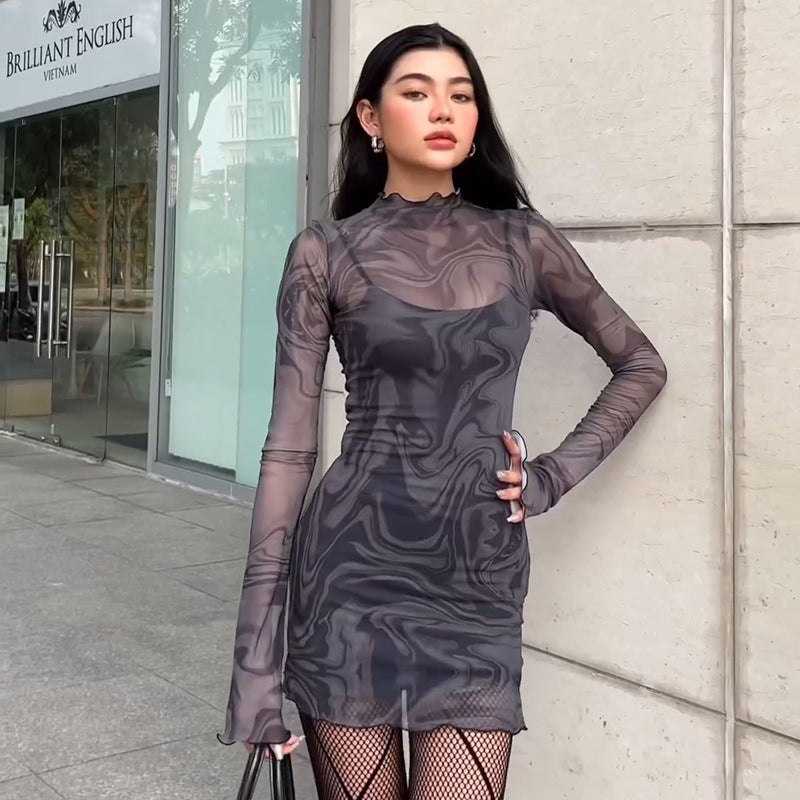 Women Dresses Summer Mesh Printed Dress