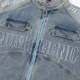 Men Denim Jacket Men's Stitching Embroidered Letters Washed and Worn Denim Jacket