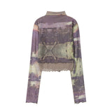 Women Long Sleeve T-Shirt Printed Half-High Collar Long Sleeves T-shirt Casual