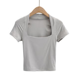 Women T-Shirt T-shirt Summer Short Sleeve Solid Color Short Slim Fit