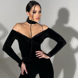 Women Co-Ord Set Autumn Halter Deep V Long Sleeve Tight Jumpsuit
