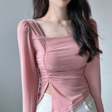 Women Long Sleeve Shirt Woman Square-Neck Bottoming Shirt