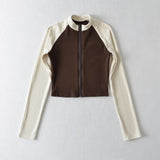 Women T-Shirt Retro Color Matching Long-Sleeved T-shirt Women's Autumn and Winter Zipper Cardigan