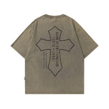 Men T Shirt Printed Worn Looking Washed-out Short-Sleeved T-shirt Men and Women Style Retro