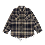 Men Long Sleeved T Shirt Spring and Autumn Lattice Long Sleeve Shirt Coat Vintage Cat Raw-Cut Edges Loose Shirt