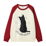 Men Hoodie Flocking Black Cat Embroidered Crew Neck Sweater