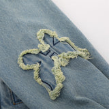 Men Denim Jacket Butterfly Paste Cloth Embroidery Denim Jacket Men's Washed and Worn Coat