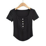 Women T-Shirt Short-Sleeved T-shirt Summer Stitching Button