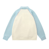 Men Hoodie Color-Block Raglan Sleeves Lapel Pullover Sweater