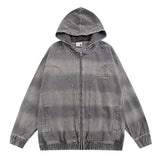 Men Denim Jacket Striped Hooded Denim Jacket Men's Loose Distressed Washed Tie-Dyed Denim Jacket