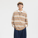 Unisex Hoodie Striped Loose Long-Sleeved Polo Shirt Men's T-shirt Sweater