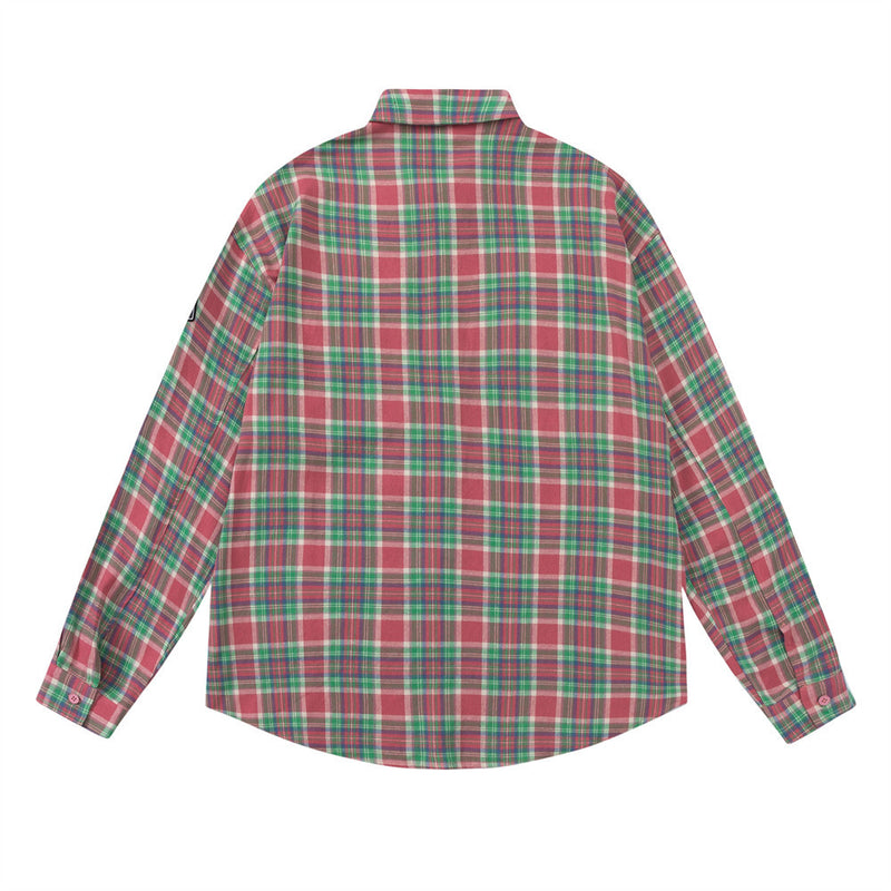 Men's Long Sleeve T Shirt Plaid Shirt Men's Embroidered Letter Long Sleeve Lapel Loose Shirt