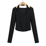 Women T-Shirt Halter U-Neck Long-Sleeved Fitted Short T-shirt