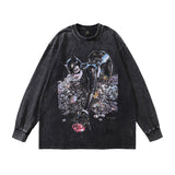 Men Long Sleeve Shirt Printed Heavy Washing Long Sleeve T-shirt Men and Women Street Trendy Brand Distressed