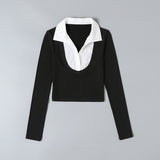 Women T-Shirt Shirt Lapel Short Slim Fit Long-Sleeved T-shirt