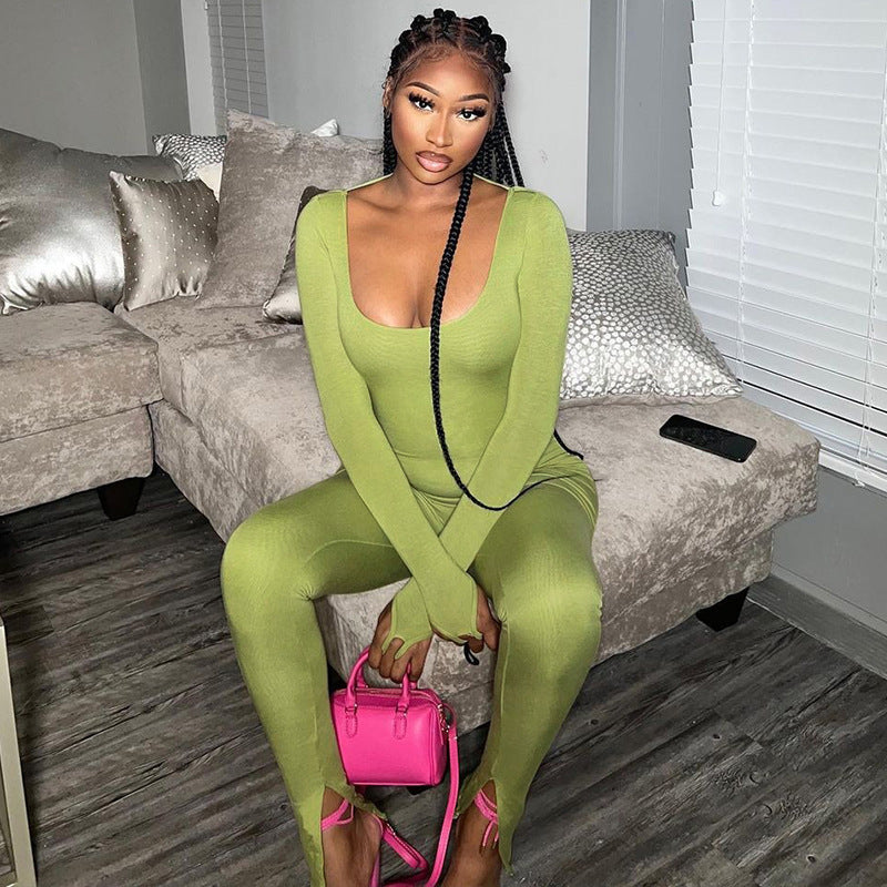 Women Jumpsuit Solid Color Sanding Slim-Fit Long Sleeve One-Piece Trousers