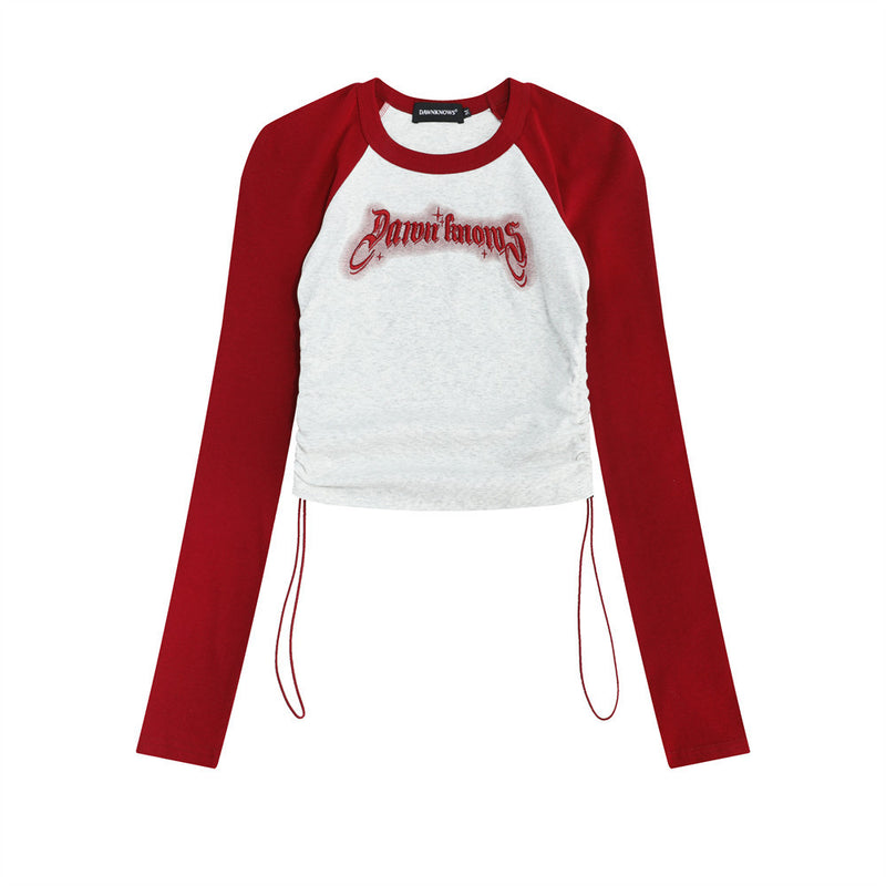 Women Long Sleeve T-Shirt Letters Embroidered Long Sleeve T-shirt Women's round-Neck Color Matching Short