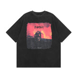 Men T Shirt Washed Printed Short-Sleeved T-shirt for Men and Women