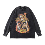 Men Long Sleeve Shirt Hip Hop Lodge Portrait Washed Long Sleeve T-shirt Men's and Women's Vintage Bottoming Shirt