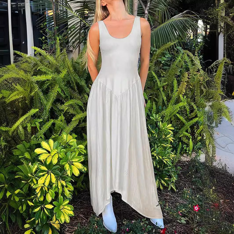 Women Dresses Idle Style U-Neck Pleated Waist Tight Dress Long Dress