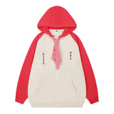Men Hoodie Color Matching Cardigan Sweater Boys Loose Tie Decoration Long Sleeve Hooded Jacket