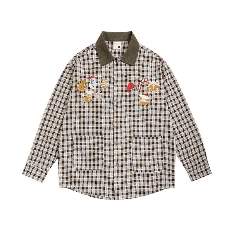 Men Long Sleeved T Shirt Retro Plaid Long Sleeve Shirt Men's Embroidery Loose Shirt Coat Spring and Autumn