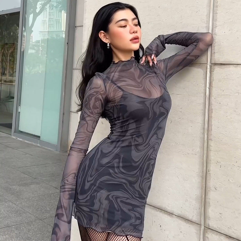 Women Dresses Summer Mesh Printed Dress