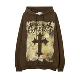 Men Hoodie Cross Printed Hoodie Men's Washed Distressed Loose Pullover Hoodie