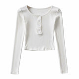 Women T-Shirt Button round Neck Long Sleeve T-shirt Women's Short