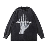 Men Long Sleeve Shirt Bone Print Vintage Long Sleeve T-shirt Washed and Worn Bottoming Shirt