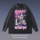 Men Long Sleeve Shirt Vintage Cartoon Printed Washed Old Long Sleeve T-shirt for Men and Women