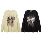 Men Long Sleeve Shirt Vintage Print Long Sleeve T-shirt Men and Women Vibe Idle Style round Neck