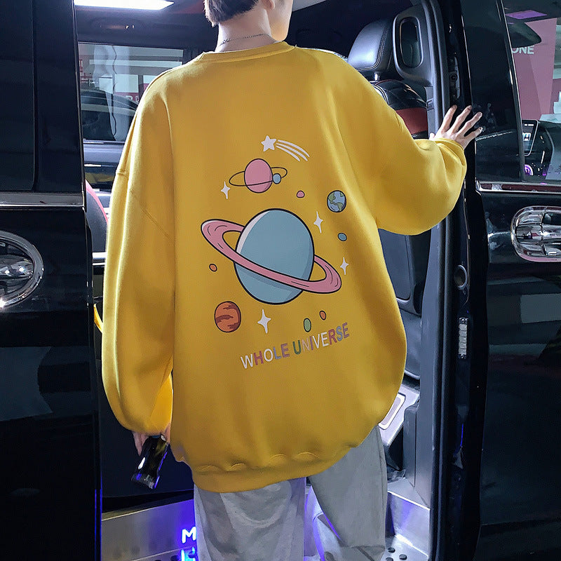 Men Hoodie Sweater Men's Spring and Autumn Printed Coat Hong Kong Style Loose round Neck