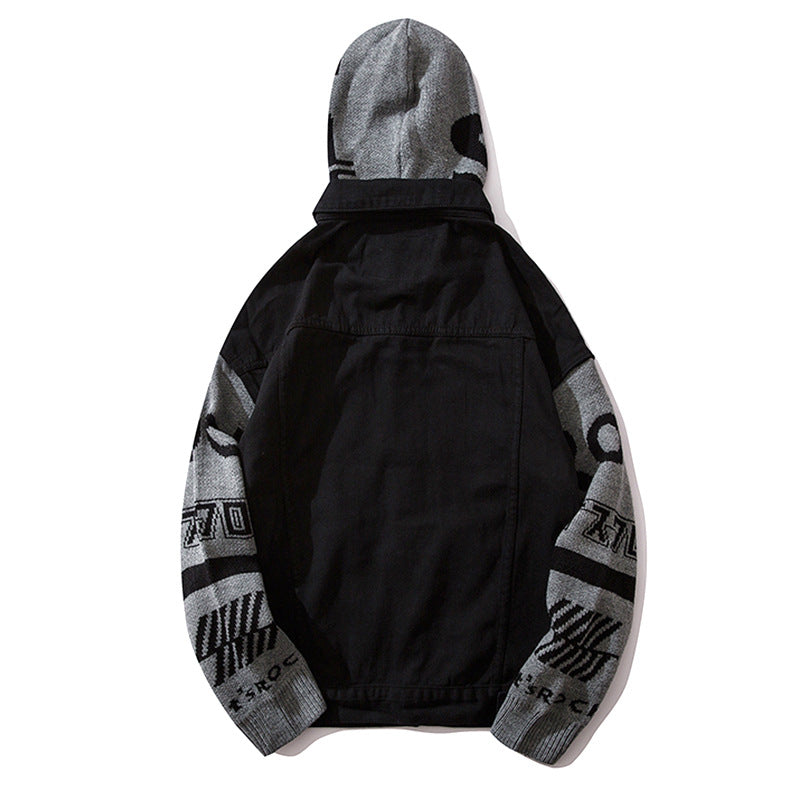 Men Denim Jacket Men's Spring and Autumn Loose Long Sleeve Stitching Hooded Jacket