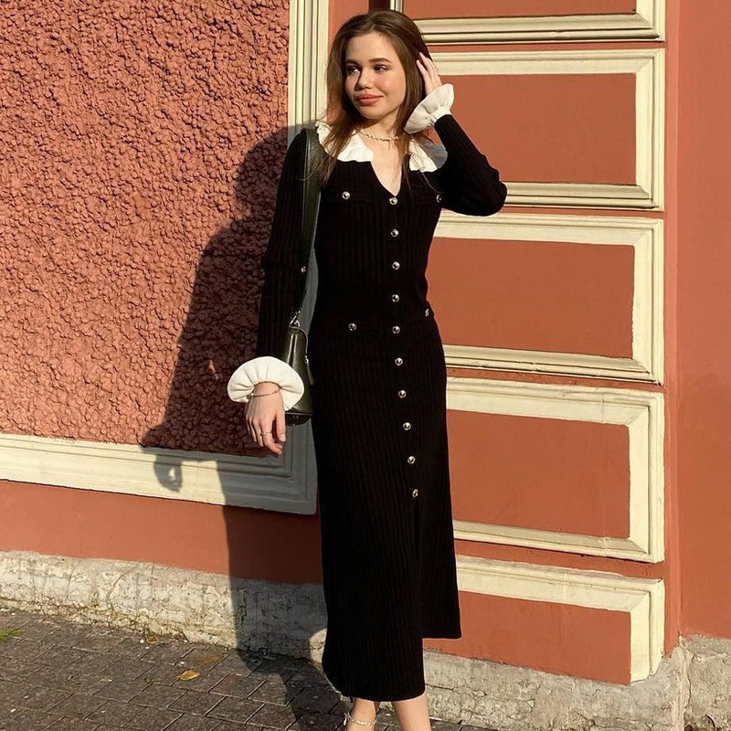 Women Sweater Dress Knitted Dress Sexy Slit Mid-Length Dress Retro Spring and Summer
