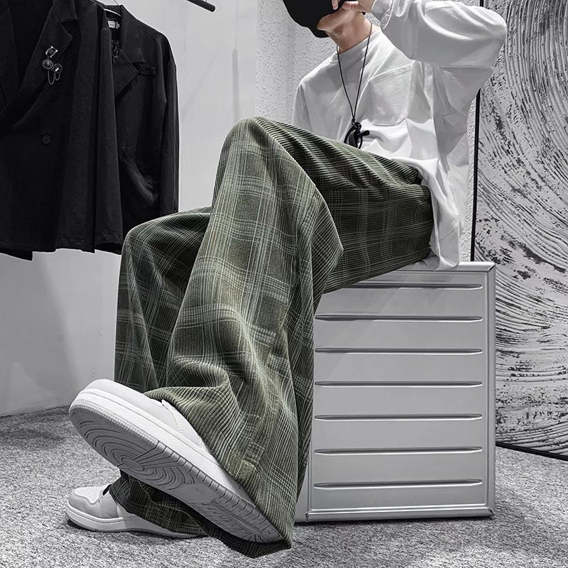 Men Sweatpants Corduroy Plaid Pants Men Spring-Autumn Wide-Leg Pants