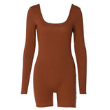 Women Jumpsuit Solid Color U-Collar Slim Fit Slimming Long Sleeves Jumpsuit
