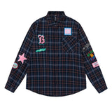 Men's Long Sleeve T Shirt Plaid Shirt Men's Embroidered Letter Long Sleeve Lapel Loose Shirt