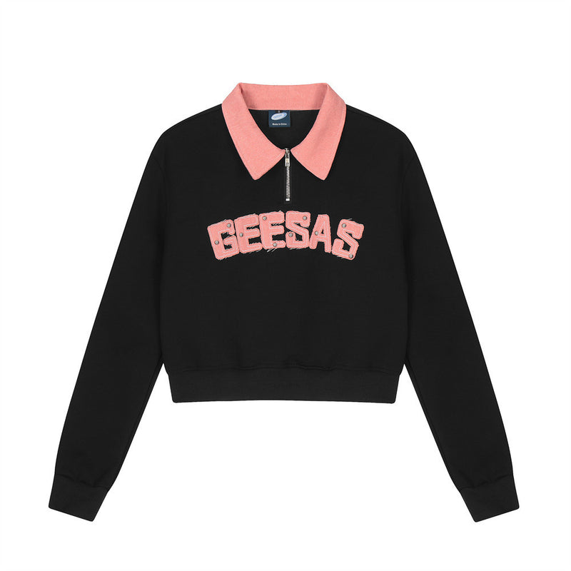 Women Hoodie Short Sweater Polo Collar Long Sleeve Casual Women