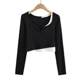 Women T-Shirt Contrast Color Women's Stitching Bottoming Shirt Long Sleeve T-shirt