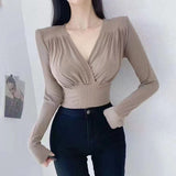 Women Long Sleeve Shirt V-neck Long Sleeve Bottoming Shirt Slim Fit Slimming Waist Trimming Short