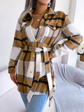 Plaid Trench Coat Casual Contrast Color Plaid Long-Sleeved Woolen Coat