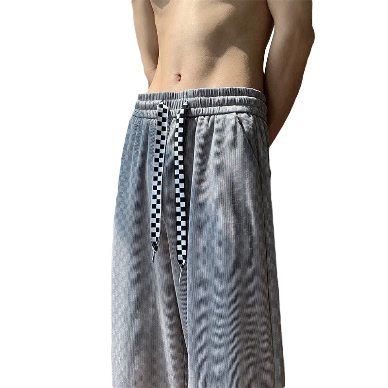 Men Sweatpants Chessboard Grid Drape Ice Silk Pants Men's Summer Straight Hong Kong Style