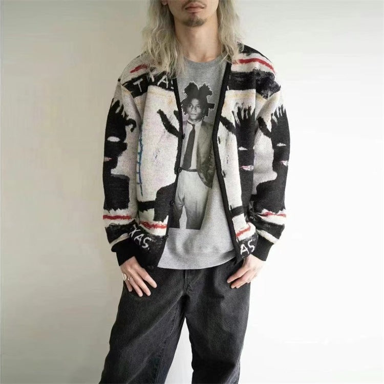 Graffiti Bomber Jacket Pure Cotton Yarn V-neck Knitted Cardigan