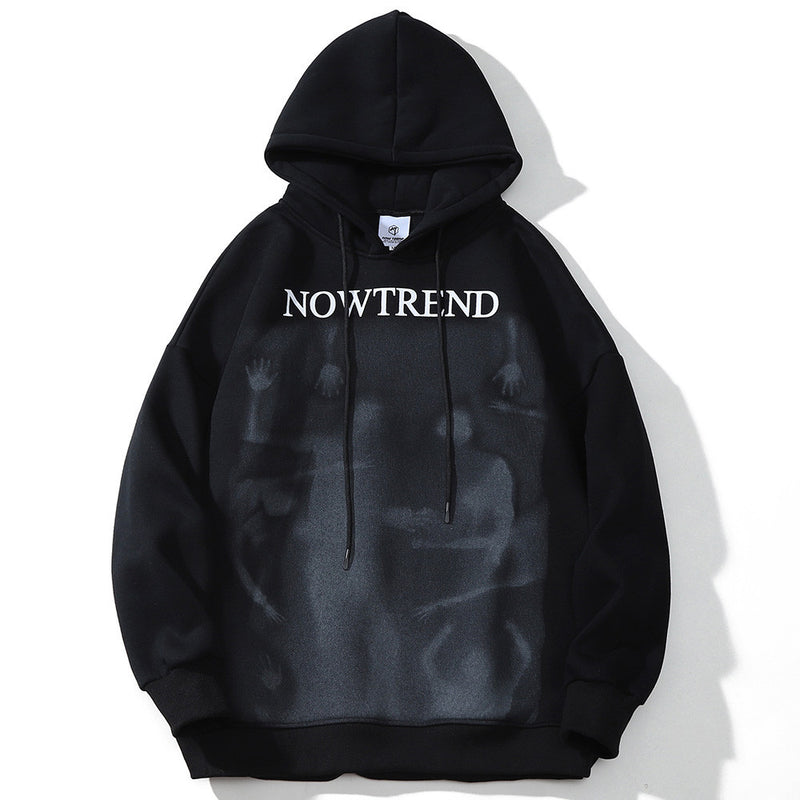 Men Fleece Lined Hoodie Figure Printed Hoodie Men's Casual Ins Loose Pullover Top