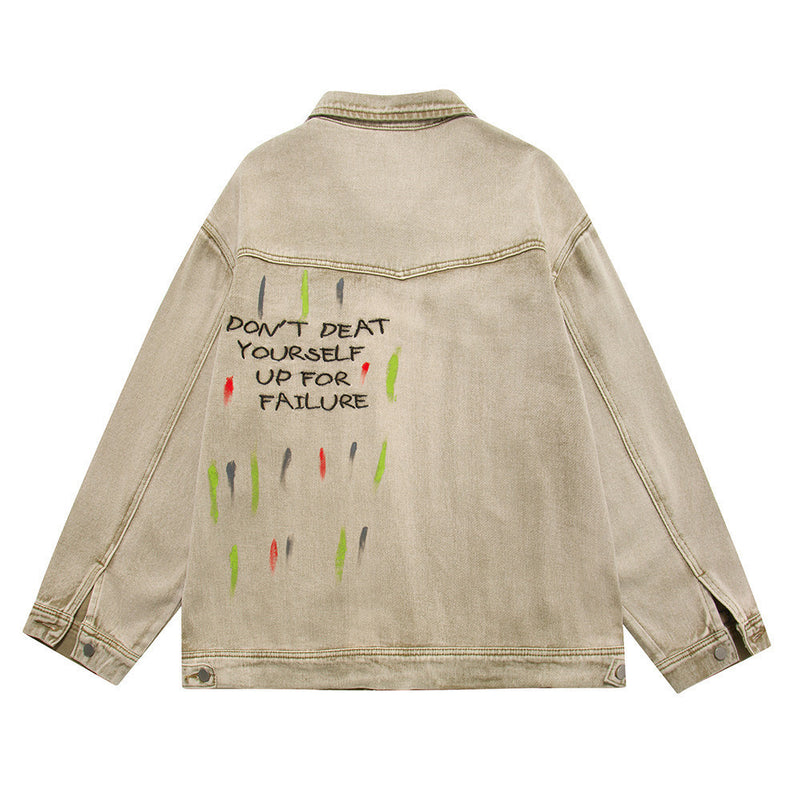 Men Denim Jacket Letter Embroidered Denim Jacket Loose Wash Distressed