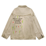 Men Denim Jacket Letter Embroidered Denim Jacket Loose Wash Distressed