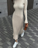 Women Sweater Dress Knitted Long Sleeve Middle Female round-Neck High Waist Dress