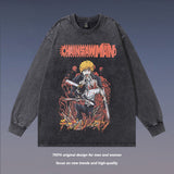 Men Long Sleeve Shirt Cartoon Printed Long-Sleeved Bottoming T-shirt Men and Women Washed Old