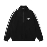 Men Hoodie Zipped Stand Collar Sweater Spring and Autumn Loose Raglan Long Sleeve Striped Stitching Sports Turtleneck Pullover